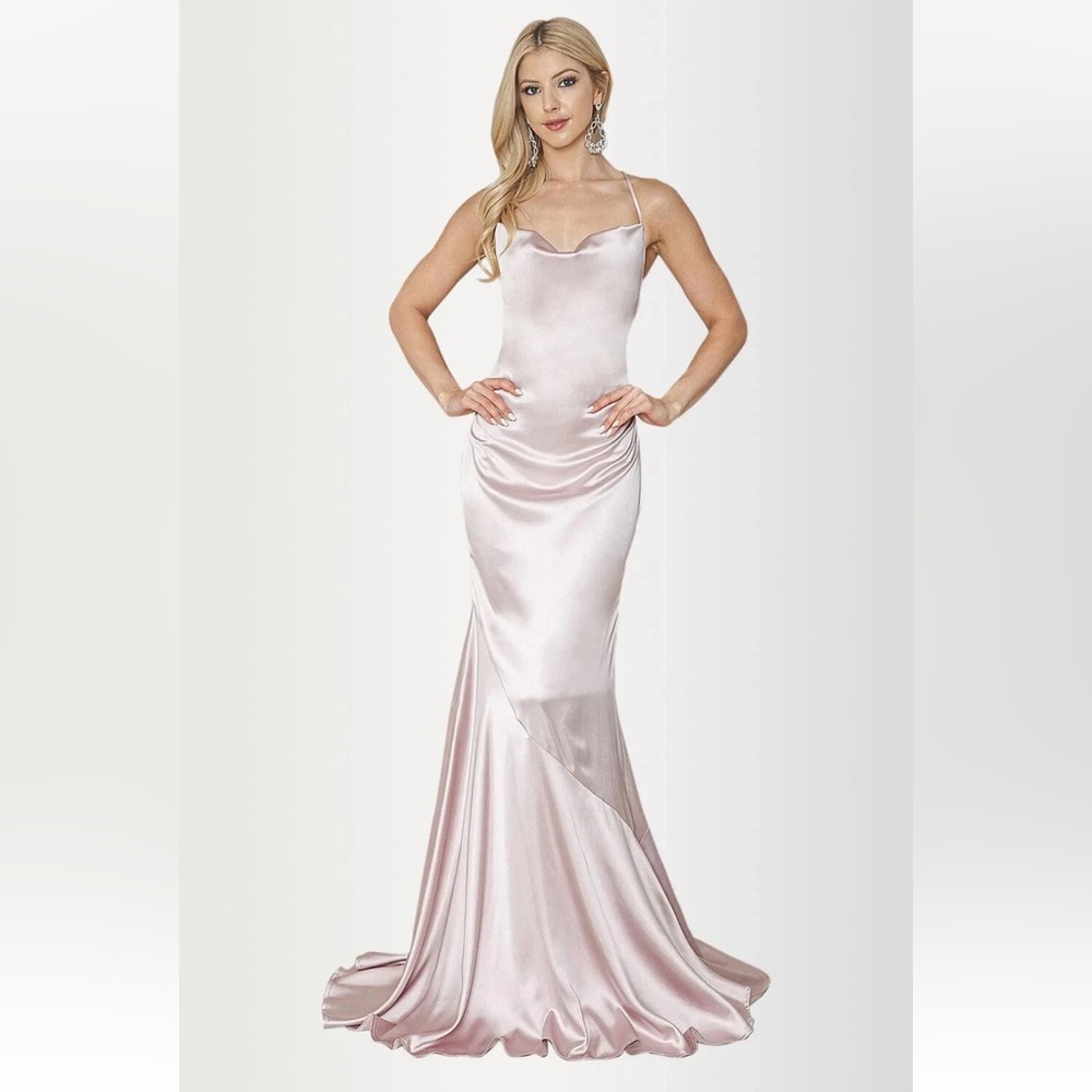 NWT MANIJU womens size M champagne pink sleeveless satin full length gown